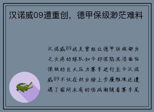 汉诺威09遭重创，德甲保级渺茫难料