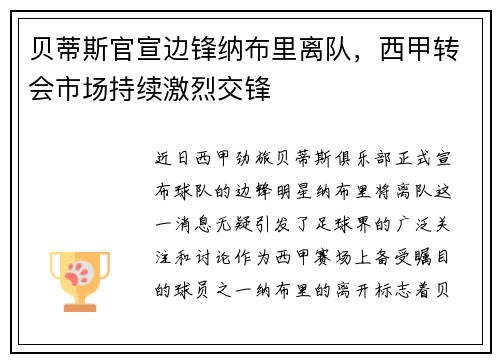 贝蒂斯官宣边锋纳布里离队，西甲转会市场持续激烈交锋